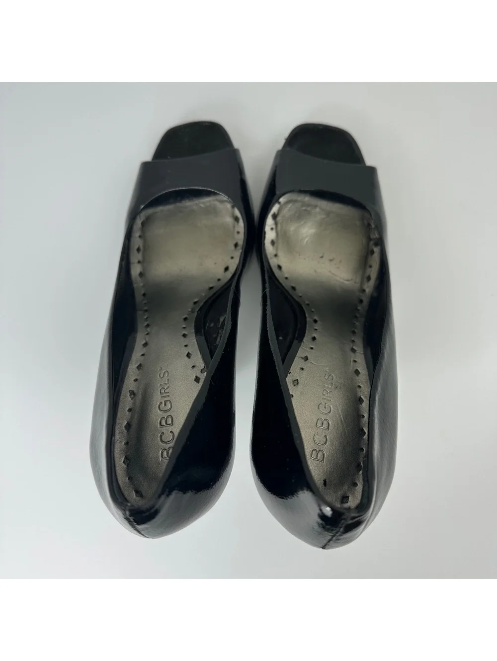 BCBGirls Black Patent Leather Peep Toe Stiletto Pumps – Classic Dress Heels 7